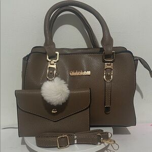 Chic Brown Handbag Set with Pom Pom & matching wallet
